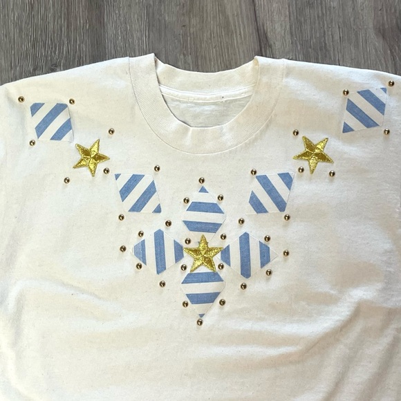 Vintage 1990s Nautical Striped + Stars Patchwork Studded Cropped T-Shirt - Picture 12 of 15